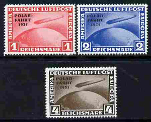 Germany 1931 Zeppelin Polar Flight set of 3 reprints stamped 'Privater Nachdruck' on reverse, unmounted mint as SG 469-71 originals cat £900