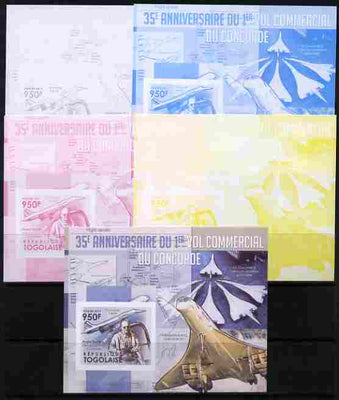 Togo 2011 35th Anniversary of 1st Commercial Flight of Concorde #1 deluxe sheet - the set of 5 imperf progressive proofs comprising the 4 individual colours plus all 4-colour composite, unmounted mint