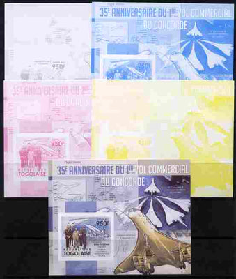 Togo 2011 35th Anniversary of 1st Commercial Flight of Concorde #3 deluxe sheet - the set of 5 imperf progressive proofs comprising the 4 individual colours plus all 4-colour composite, unmounted mint