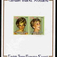 Easdale 2007 Princess Diana £1.50 #4 perf se-tenant pair mounted on Publicity proof card issued by the Easdale Stamp Promotion Council