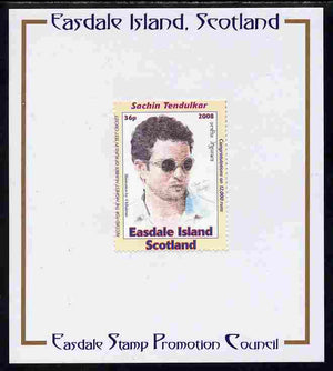 Easdale 2008 Sachin Tendulkar (cricketer) 36p (with sun glasses - white border) mounted on Publicity proof card issued by the Easdale Stamp Promotion Council