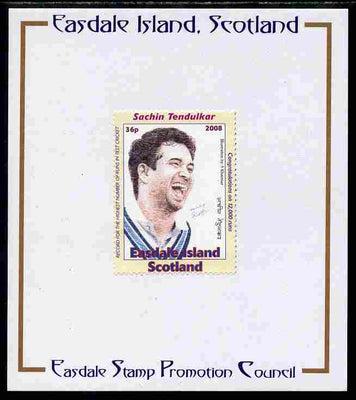 Easdale 2008 Sachin Tendulkar (cricketer) 36p (looking to right - white border) mounted on Publicity proof card issued by the Easdale Stamp Promotion Council