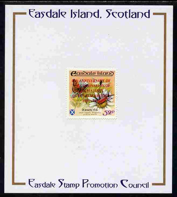 Easdale 1993 40th Anniversary of Coronation overprinted in red on Flora & Fauna perf 52p (Butterfly & Insects) mounted on Publicity proof card issued by the Easdale Stamp Promotion Council