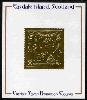 Easdale 1991 Competitive Sport #1 £5 embossed in gold foil (with border showing Golf, Cricket, Tennis, Scrambling, Bowls, Fencing, Cycling & Chess) mounted on Publicity proof card issued by the Easdale Stamp Promotion Council