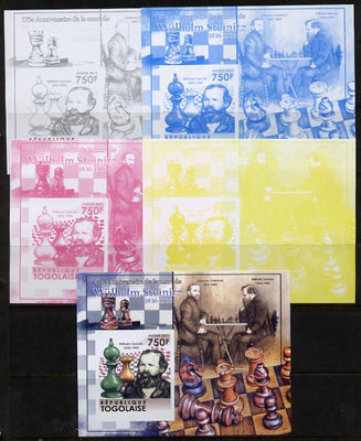 Togo 2011 Chess - Wilhelm Steinitz #3 m/sheet sheet - the set of 5 imperf progressive proofs comprising the 4 individual colours plus all 4-colour composite, unmounted mint