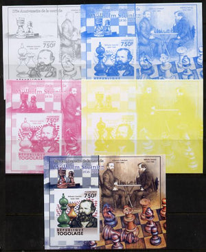 Togo 2011 Chess - Wilhelm Steinitz #3 m/sheet sheet - the set of 5 imperf progressive proofs comprising the 4 individual colours plus all 4-colour composite, unmounted mint