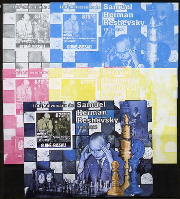 Guinea - Bissau 2011 Chess - Birth Centenary of Samuel Herman Reshevsky #2 m/sheet sheet - the set of 5 imperf progressive proofs comprising the 4 individual colours plus all 4-colour composite, unmounted mint