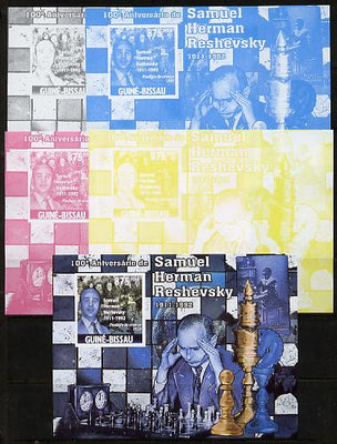 Guinea - Bissau 2011 Chess - Birth Centenary of Samuel Herman Reshevsky #4 m/sheet sheet - the set of 5 imperf progressive proofs comprising the 4 individual colours plus all 4-colour composite, unmounted mint