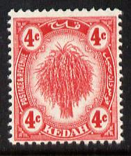 Malaya - Kedah 1919-21 Sheaf of Rice 4c red MCA unmounted mint SG21