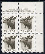 Canada 1953 Wildlife Week 3c Elk corner plate No.1 block of 4 unmounted mint, SG 448