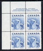 Canada 1953 Wildlife Week 2c Polar Bear corner plate No.2 block of 4 unmounted mint, SG 447