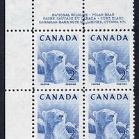 Canada 1953 Wildlife Week 2c Polar Bear corner plate No.1 block of 4 unmounted mint, SG 447