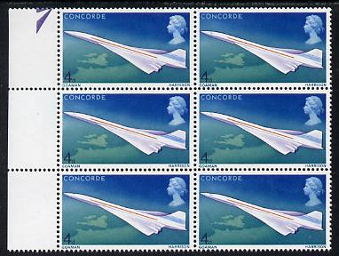 Great Britain 1969 First Flight of Concorde 4d positional block of 6 showing 'Oil Slick' flaw unmounted mint, SG 748var