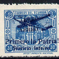 Ecuador 1930s Servicio Interno opt on 30c blue unissued Official stamp with AERO opt doubled