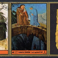 Umm Al Qiwain 1972 The Divine Comedy by Dante 4R showing couple dropping bags from bridge in fine cto used strip of three (1 stamp plus 2 labels)