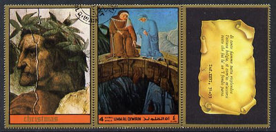 Umm Al Qiwain 1972 The Divine Comedy by Dante 4R showing couple dropping bags from bridge in fine cto used strip of three (1 stamp plus 2 labels)