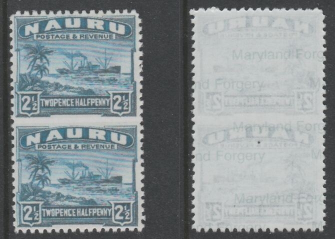 Nauru 1924-48 Century 2.5d dull blue vertical pair imperf between,,'Maryland' forgery on gummed paper, as SG 308a - the word Forgery is either handstamped or printed on the back and comes on a presentation card with descriptive notes