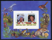 St Lucia 1985 Life & Times of HM Queen Mother m/sheet containing 2 x $3 values (depicts Concorde, Fungi, Butterflies, Birds & Animals) imperforate with silver (inscriptions) omitted, unmounted mint and only recently discovered