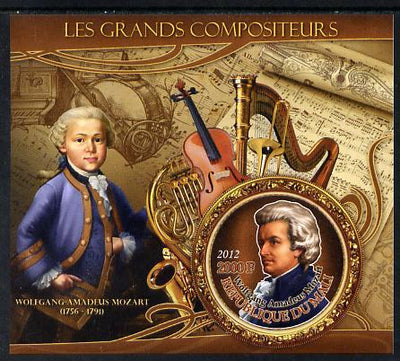 Mali 2012 The Great Composers - Wolfgang Amadeus Mozart imperf souvenir sheet containing circular-shaped stamp unmounted mint