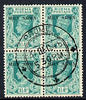 Burma 1945 Mily Admin opt on KG6 1.5a turquoise-green block of 4 with central cds cancel SG 40