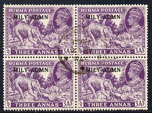 Burma 1945 Mily Admin opt on Elephant & Teak 3a violet block of 4 with central cds cancel SG 43