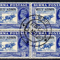 Burma 1945 Mily Admin opt on Rice (Ploughing with Oxen) 3a6p blue block of 4 with central cds cancel SG 44