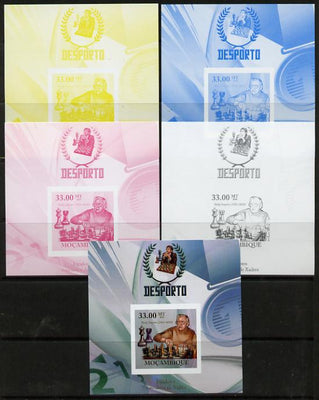 Mozambique 2010 Chess Players - Vasily Smyslov m/sheet - the set of 5 imperf progressive proofs comprising the 4 individual colours plus all 4-colour composite, unmounted mint