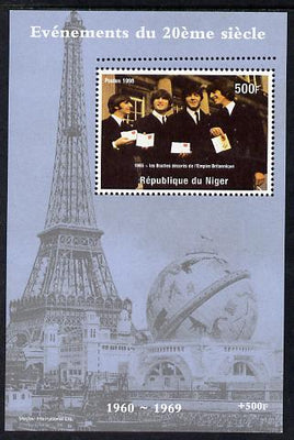 Niger Republic 1998 Events of the 20th Century 1960-1969 The Beatles receive MBE perf souvenir sheet with additional row of perforations at top unmounted mint