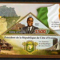 Ivory Coast 2012 President Alassane Ouattara perf m/sheet containing triangular shaped 1500F value unmounted mint