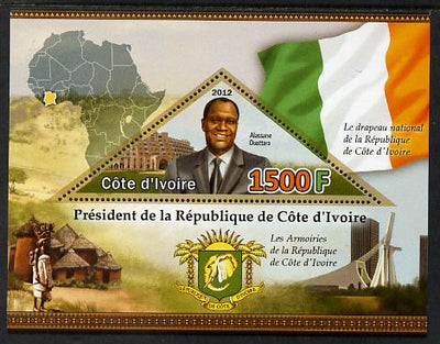 Ivory Coast 2012 President Alassane Ouattara perf m/sheet containing triangular shaped 1500F value unmounted mint