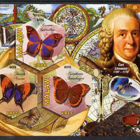 Malawi 2012 Butterflies & Entomologists - Carl Linnaeus imperf sheetlet containing 3 hexagonal shaped values unmounted mint