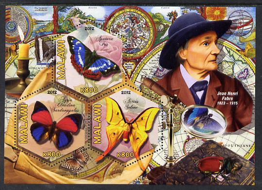 Malawi 2012 Butterflies & Entomologists - Jean Henri Fabre perf sheetlet containing 3 hexagonal shaped values unmounted mint