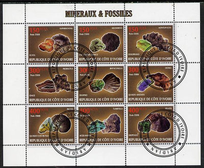Ivory Coast 2009 Minerals & Fossils perf sheetlet containing 9 values fine cto used