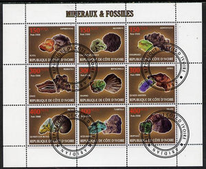 Ivory Coast 2009 Minerals & Fossils perf sheetlet containing 9 values fine cto used