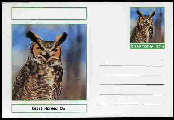 Chartonia (Fantasy) Birds - Great Horned Owl (Bubo virginianus) postal stationery card unused and fine