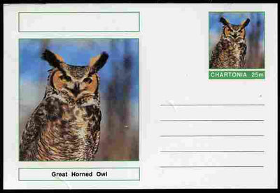 Chartonia (Fantasy) Birds - Great Horned Owl (Bubo virginianus) postal stationery card unused and fine
