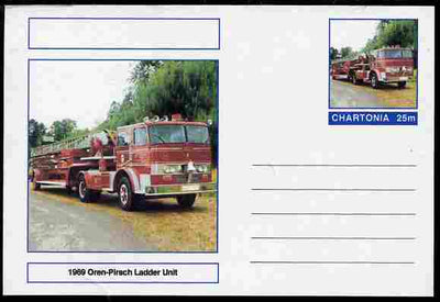Chartonia (Fantasy) Fire Engines - 1969 Oren-Pirsch ladder Unit postal stationery card unused and fine