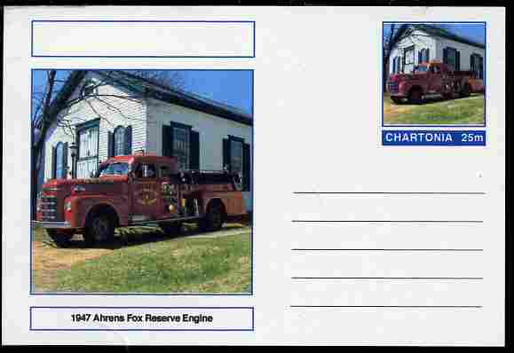 Chartonia (Fantasy) Fire Engines - 1947 Ahrens Fox Reserve Engine postal stationery card unused and fine