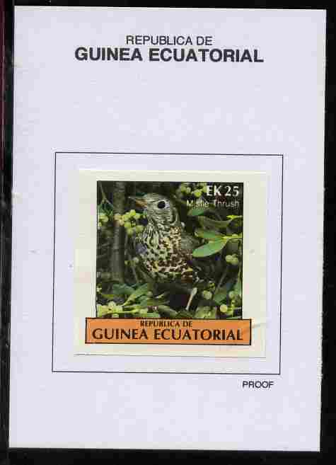 Equatorial Guinea 1977 Birds 25EK Mistle Thrush proof in issued colours mounted on small card - as Michel 1209