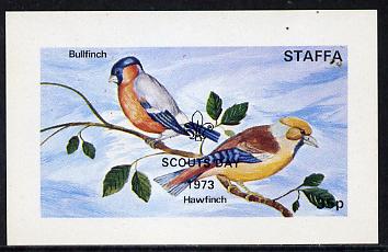 Staffa 1972 Finches opt'd Scouts Day 1973 imperf souvenir sheet (35p value) unmounted mint
