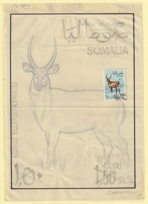 Somalia 1968 Antelope 1s50 Original artwork rough essay on tracing paper by Corrado Mancioli comprising a) the animal and b) the frame, minor  wrinkles image size 140 x 200 mm as SG481