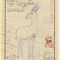 Somalia 1968 Antelope 1s80 Original artwork rough essay on tracing paper by Corrado Mancioli comprising a) the animal and b) the frame, minor  wrinkles image size 140 x 200 mm as SG482