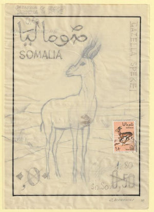 Somalia 1968 Antelope 1s80 Original artwork rough essay on tracing paper by Corrado Mancioli comprising a) the animal and b) the frame, minor  wrinkles image size 140 x 200 mm as SG482