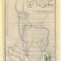 Somalia 1968 Antelope 5s Original artwork rough essay on tracing paper by Corrado Mancioli comprising a) the animal and b) the frame, minor  wrinkles image size 140 x 200 mm as SG484