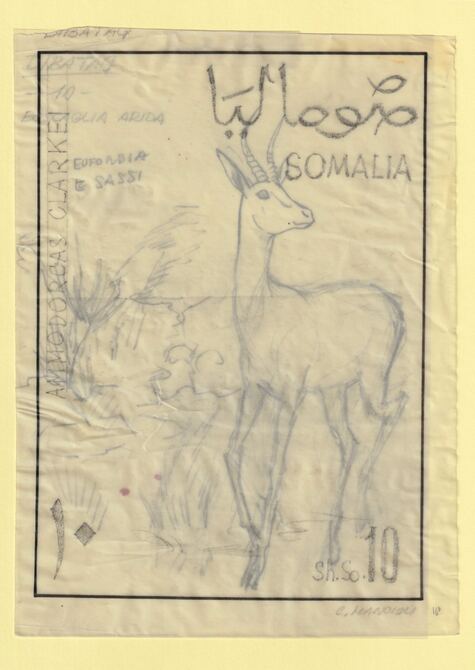 Somalia 1968 Antelope 10s Original artwork rough essay on tracing paper by Corrado Mancioli comprising a) the animal and b) the frame, minor  wrinkles image size 140 x 200 mm as SG485