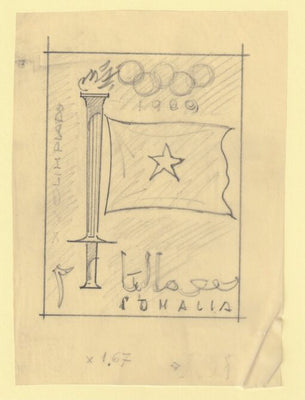 Somalia 1960 Olympic Games 5c Flame & Flag Original artwork rough essay on tracing paper by Corrado Mancioli image size 90 x 120 mm similar to SG360
