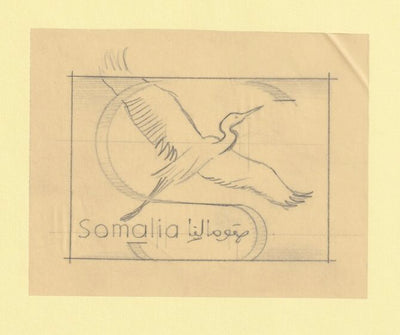 Somalia 1959 Water Birds Original artwork rough essay on tracing paper showing bird in 'S' emblem image size 100 x 70 mm as SG 334-339 series (96037)