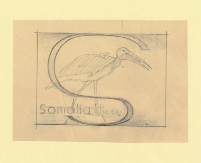 Somalia 1959 Water Birds Original artwork rough essay on tracing paper showing bird in 'S' emblem image size 100 x 70 mm as SG 334-339 series (96039)