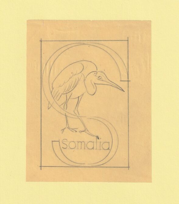 Somalia 1959 Water Birds Original artwork rough essay on tracing paper showing bird in 'S' emblem image size 70 x 100 mm as SG 334-339 series (96042)