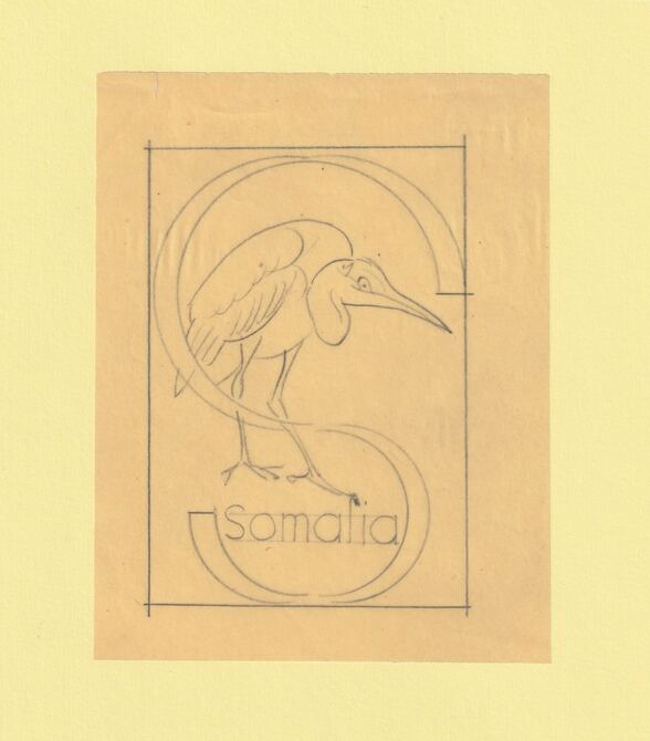 Somalia 1959 Water Birds Original artwork rough essay on tracing paper showing bird in 'S' emblem image size 70 x 100 mm as SG 334-339 series (96042)